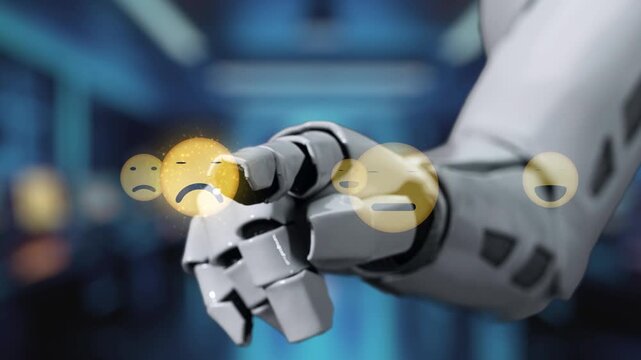 A robotic hand engages with floating digital emoticons, showcasing a blend of technology and human emotions in a modern high-tech environment. Auvana