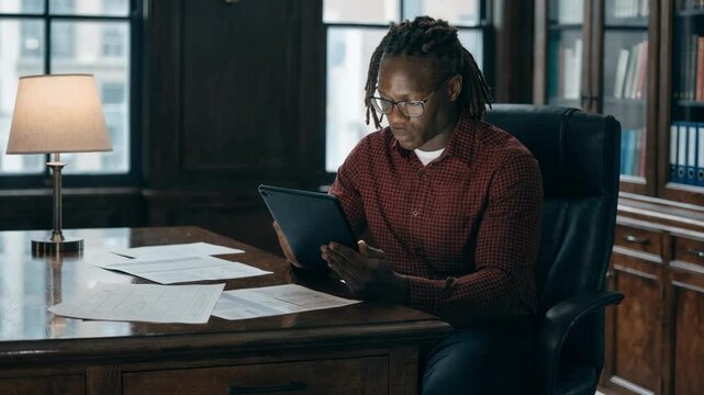 Family wealth advisor focused on a digital portfolio summary with faded household budget papers and tax forms creating a professional wealth management ambiance.