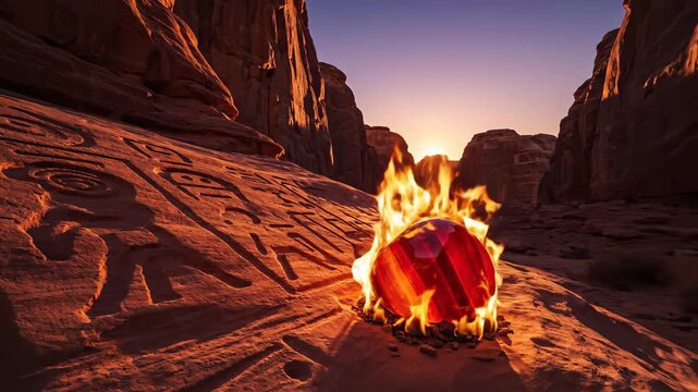 Fiery red stone burning in front of petroglyphs at sunrise