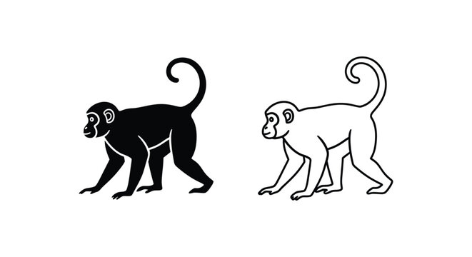 Minimalist monkey vector silhouette and line art icons, black and white primate animal graphics, walking monkey illustration for logo design