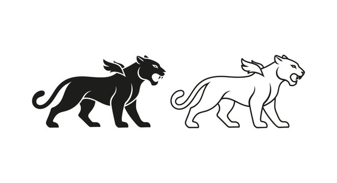 Mythical winged panther vector icons, black silhouette and line art cougar with wings, heraldic chimera lion mascot for sports branding and logos