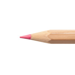 Obraz premium A single wooden colored pencil, vibrant freshly sharpened pink lead, visible cedar wood grain, perfectly pointed tip, smooth waxy texture, on a transparent studio background with soft shadow,