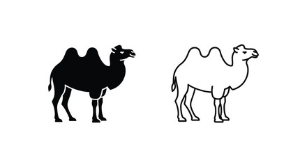 Obraz premium Bactrian camel vector icons set, black silhouette and outline dromedary animal illustrations, desert wildlife graphics for logo design