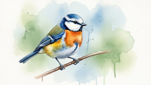 Watercolor illustration of a small blue tit bird perched on a branch