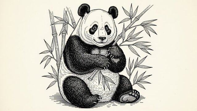 Illustrated panda eating bamboo monochrome artwork for design and print