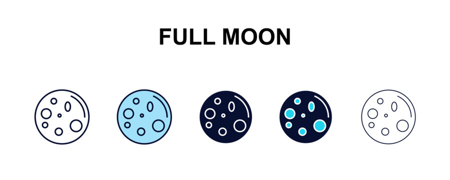 full moon multi-style outline icon set - weather concept. Thin line, regular, filled, colored full moon icon