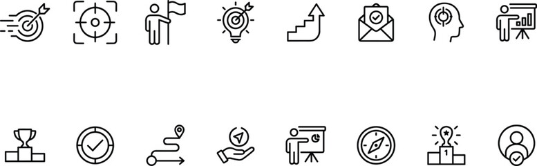 A collection of black and white line icons representing business and productivity concepts © Creative Comman