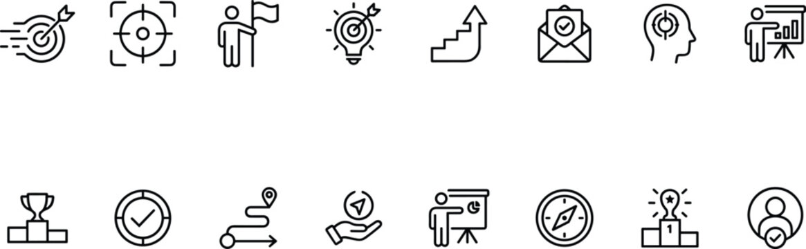 A collection of black and white line icons representing business and productivity concepts