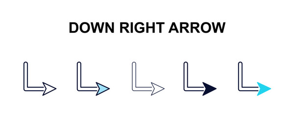 down right arrow multi-style outline icon set - user interface concept. Thin line, regular, filled, colored down right arrow icon © Design_Farm