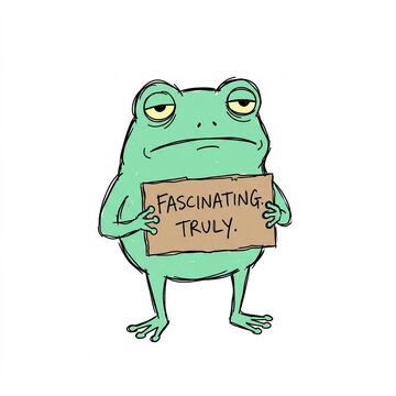 Sarcastic doodle frog holding cardboard sign with fascinating truly text