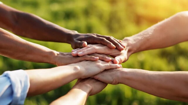 Diverse group of people stacking hands together in unity and teamwork.