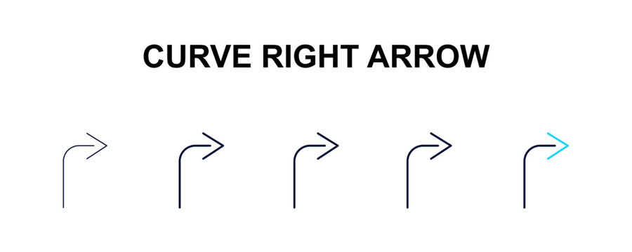 curve right arrow multi-style outline icon set - user interface concept. Thin line, regular, filled, colored curve right arrow icon