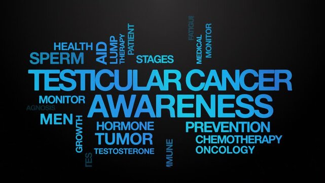 Testicular cancer awareness concept Animated Tag Word Cloud kinetic typography, Text Design Animation typography seamless loop video motion graphics Intro Wordart blue type on black background backdr