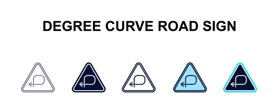 degree curve road sign multi-style outline icon set - traffic signs concept. Thin line, regular, filled, colored degree curve road sign icon