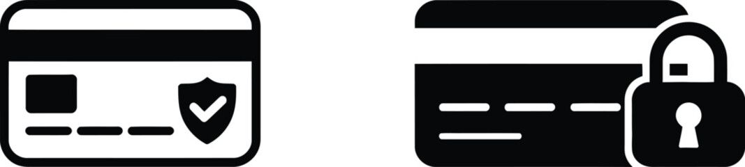Obraz premium Credit card security icons illustration, banking payment symbols with shield and lock for financial protection and secure transaction design.