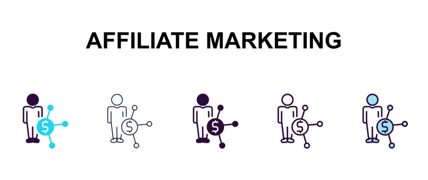 affiliate marketing multi-style outline icon set - technology concept. Thin line, regular, filled, colored affiliate marketing icon