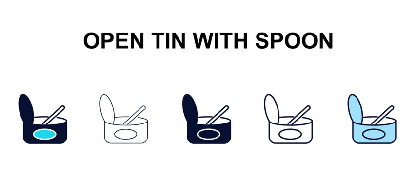open tin with spoon multi-style outline icon set - restaurant concept. Thin line, regular, filled, colored open tin with spoon icon