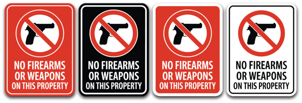 No firearms prohibition icons illustration set, no weapons public safety signs with red circle slash for restricted areas and compliance.