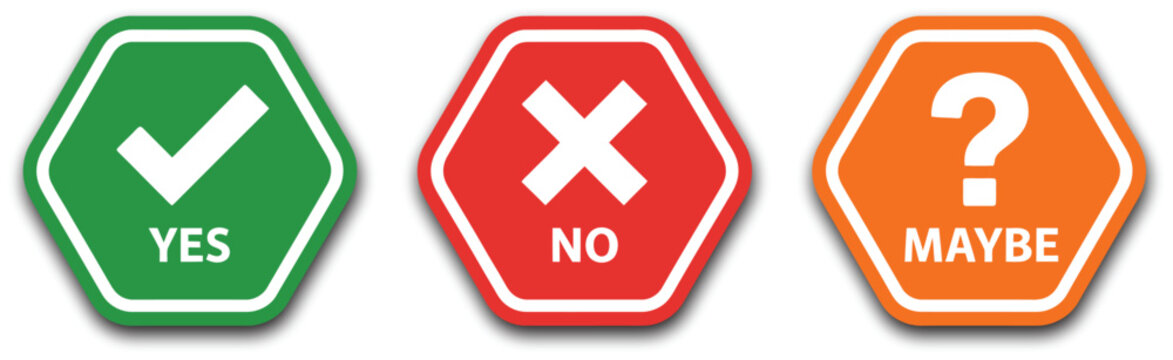 Check cross question icons illustration set, yes no maybe symbols for decision labels, feedback, approval, and evaluation design.