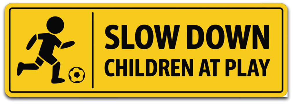 Children at play road sign illustration, slow down traffic warning symbol for safety awareness, residential streets, and child protection signage.