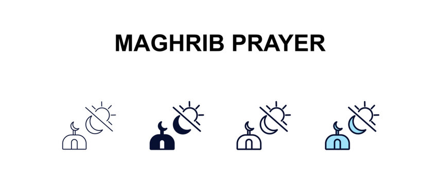 maghrib prayer multi-style outline icon set - religion concept. Thin line, regular, filled, colored maghrib prayer icon