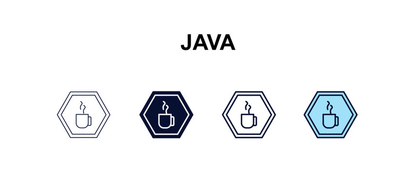 java multi-style outline icon set - programming concept. Thin line, regular, filled, colored java icon