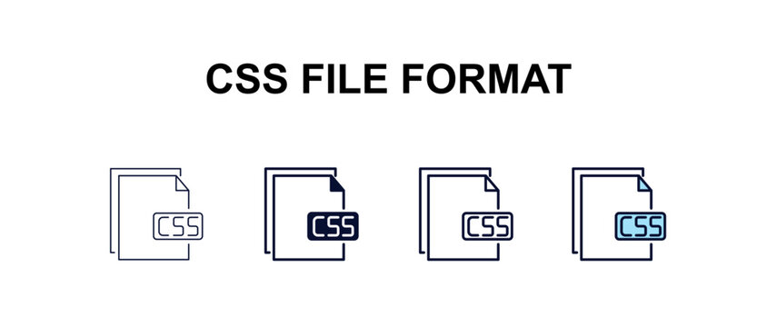 css file format multi-style outline icon set - programming concept. Thin line, regular, filled, colored css file format icon