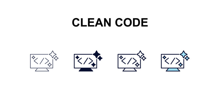 clean code multi-style outline icon set - programming concept. Thin line, regular, filled, colored clean code icon