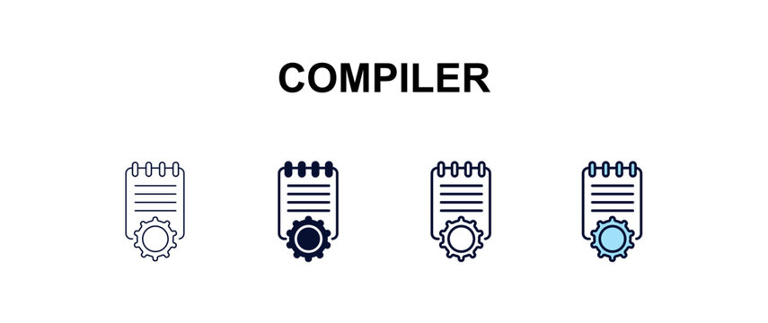 compiler multi-style outline icon set - programming concept. Thin line, regular, filled, colored compiler icon