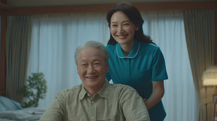 Fototapeta premium An elderly man smiling with a nurse or caregiver behind him.