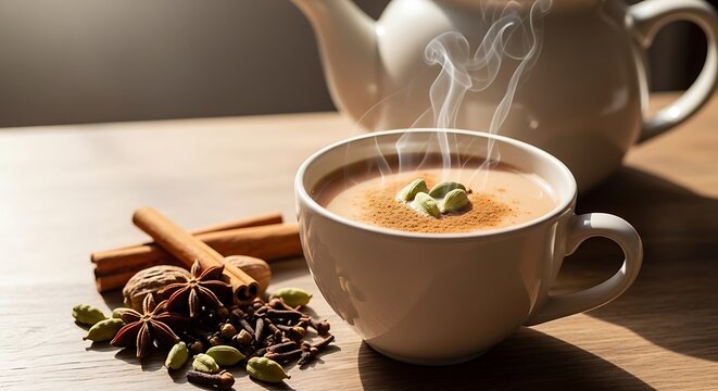 A cup of hot spiced tea with steam rising