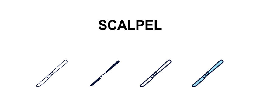 scalpel multi-style outline icon set - medical concept. Thin line, regular, filled, colored scalpel icon