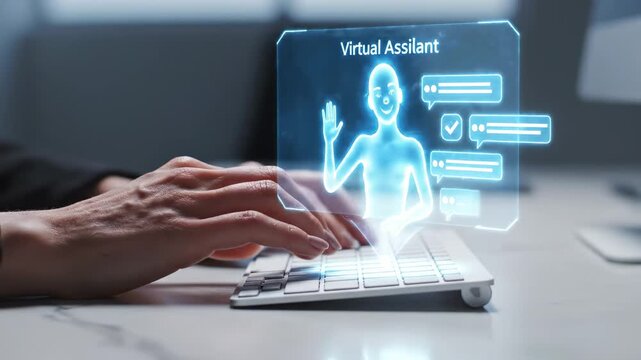This shows a person using a computer with a virtual assistant displayed as a hologram. The futuristic interface and glowing blue light create a sense of innovation and technology.
