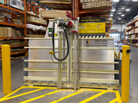 Prosper, Texas, USA - April 1st, 2026: Safety Speed Mfg 7000 Series Vertical Panel Saw standing on warehouse floor in The Home Depot