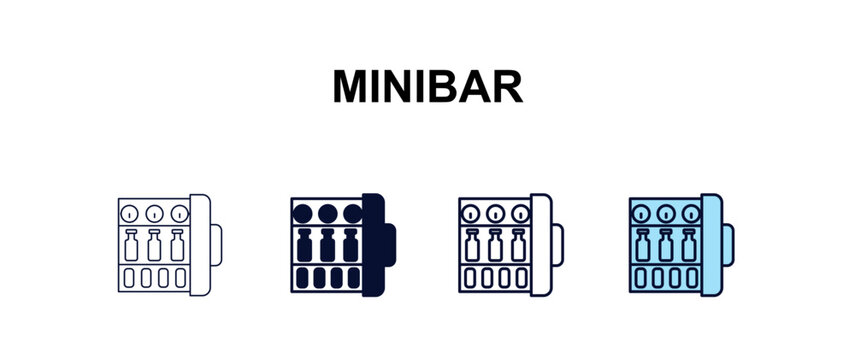 minibar multi-style outline icon set - hotel concept. Thin line, regular, filled, colored minibar icon