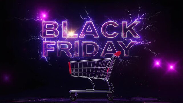 Blue electric BLACK FRIDAY typography with lightning effect surrounding empty shopping cart