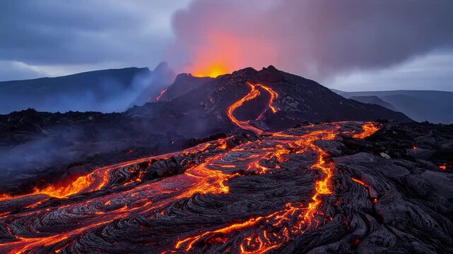 Multiple glowing lava streams spreading widely over expansive volcanic plateau at dusk
