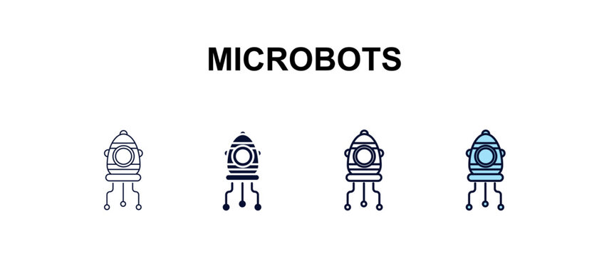 microbots multi-style outline icon set - ai and tech concept. Thin line, regular, filled, colored microbots icon
