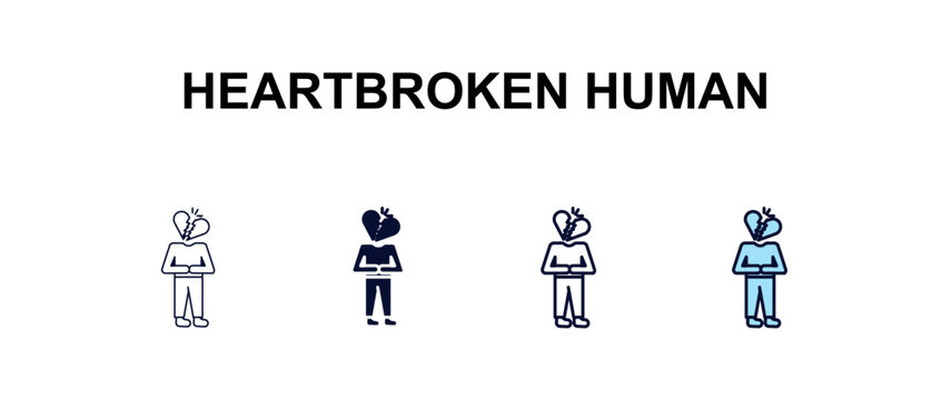 heartbroken human multi-style outline icon set - feelings concept. Thin line, regular, filled, colored heartbroken human icon