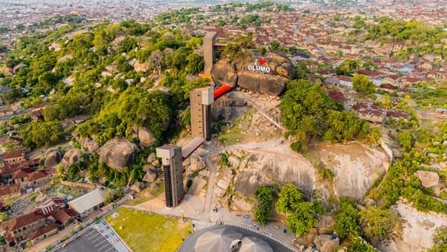 Aerial view of the iconic Olumo Rock, where nature's artistry meets human endeavor, standing as a testament to time and tradition, Abeokuta, Nigeria.