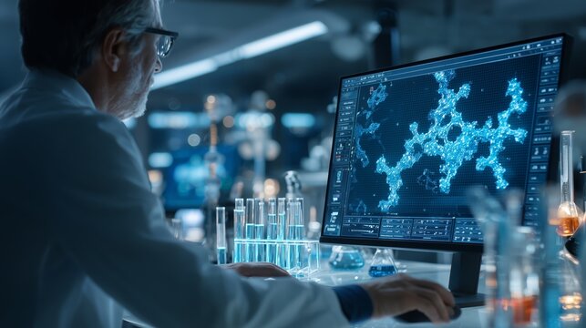 Scientist examining molecular data on a computer in a modern lab, ideal for biotech, diagnostics, and research innovation