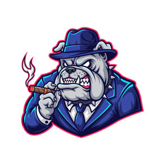 Fototapeta premium Cartoon bulldog in suit and hat smoking cigar