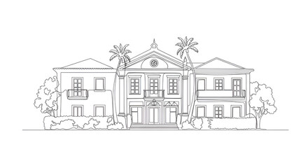 Fototapeta premium Architectural sketch of a grand colonial building with symmetrical facade, trees and shrubs, hand-drawn outline, ideal for real estate or historical concepts