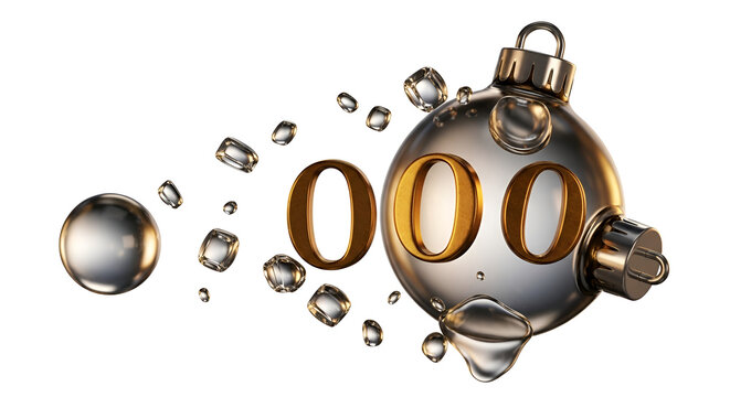Silver Christmas bauble with golden numbers, surrounded by floating water droplets and small spheres, festive and shiny decoration concept