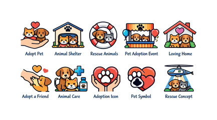 Obraz premium Collection of cute cartoon icons representing pet adoption and animal rescue concepts
