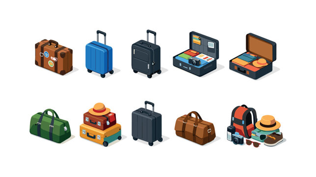 Collection of isometric travel luggage and accessories for vacation planning