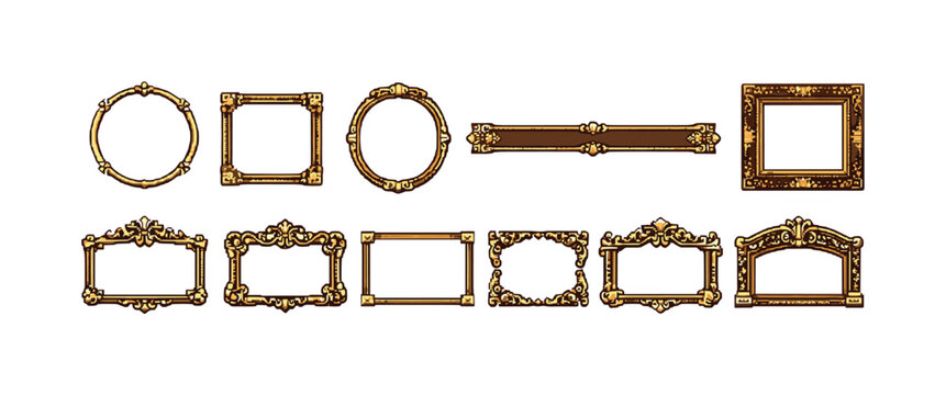 Collection of ornate pixel art golden frames and borders for digital design