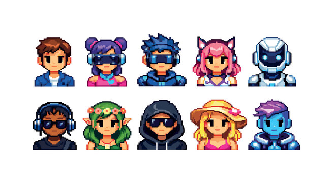 Diverse pixel art avatars featuring characters with unique styles and accessories