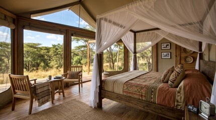 African lodge nestled in scenic nature, offering a tranquil travel experience and safari retreat.