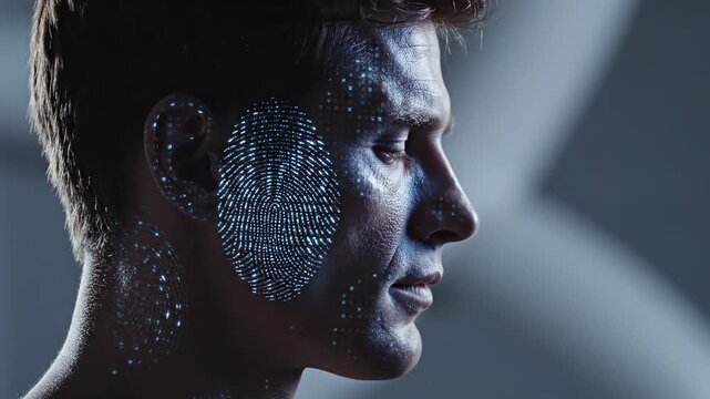 This features a close-up of a man's face with a digital fingerprint and facial recognition pattern superimposed over his skin in a futuristic and high-tech concept. The dark and moody atmosphere